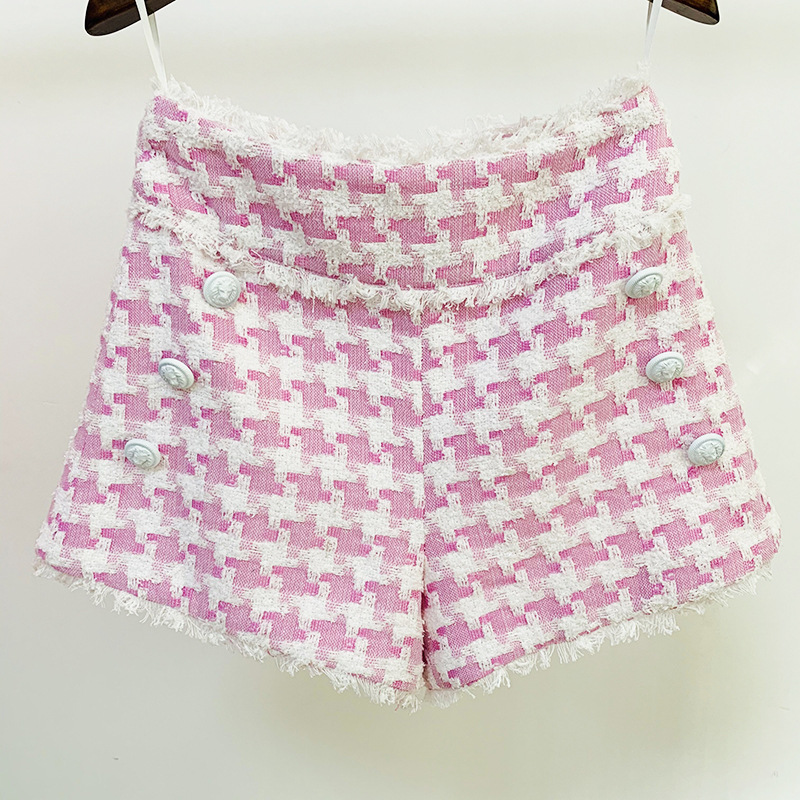 Women's Shiny Houndstooth Tweed Fringe Shorts