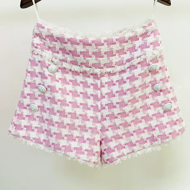 Women's Shiny Houndstooth Tweed Fringe Shorts Pink - Shop at LoveMi