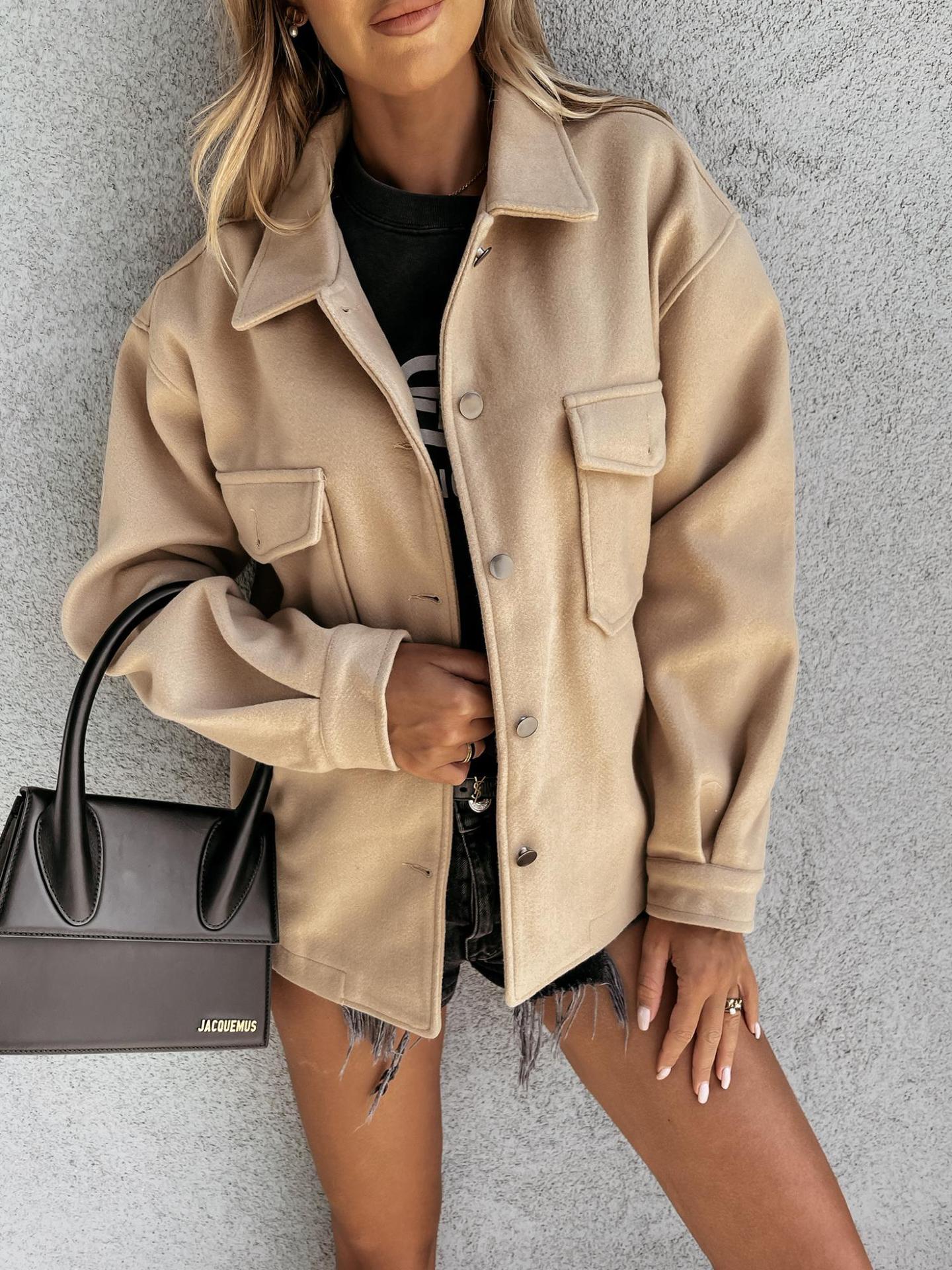 European And American New Fashion Solid Color Single-breasted Woolen Coat