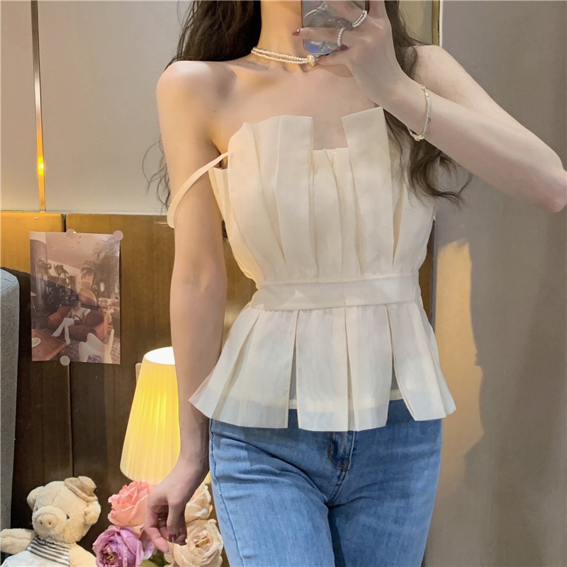 Spring New Design Sense Niche Short Ruffled Beauty Back Top