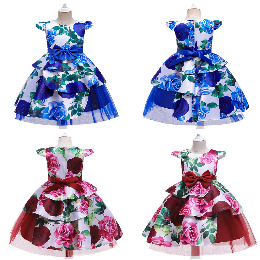 Children's Dress Rose Print Bow Mesh Skirt
