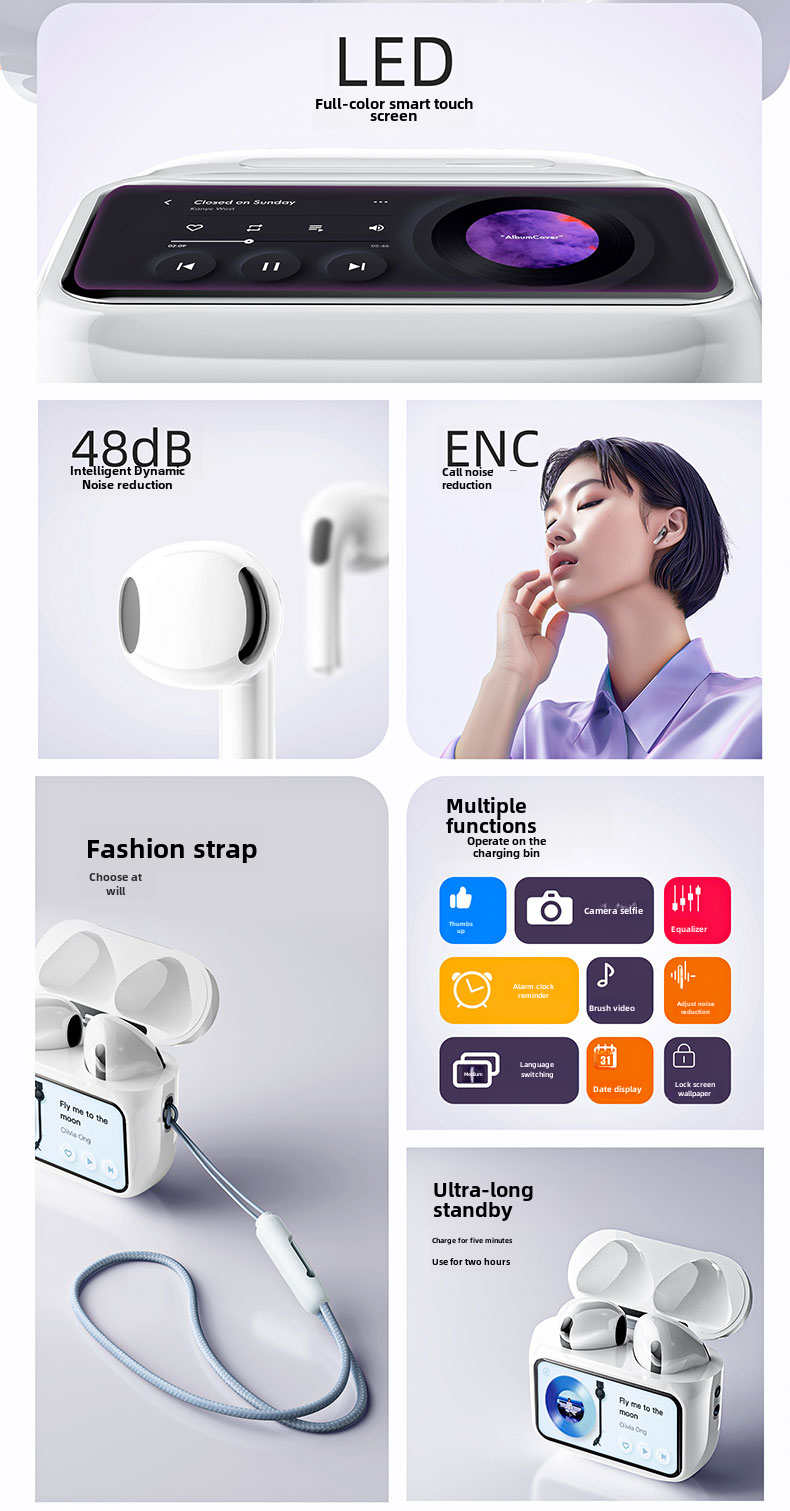 Bluetooth 5.4 Headphones with Smart Noise Reduction (Blanco). Function: Waterproof, long life, voice control, support music. Function: LCD digital display, ENC active noise reduction. Bluetooth protocol: 5.4. Waterproof performance: IPX5. Endurance: Charg