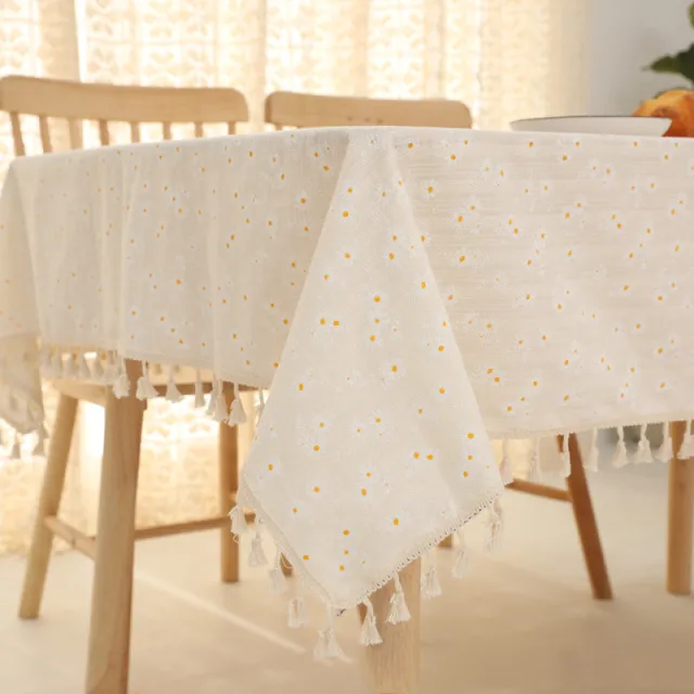 Cotton Linen Embroidery Daisy Tablecloth Decorative Macrame Table Cover Fashion Tassel Table Cloth Beige - Shop at LoveMi