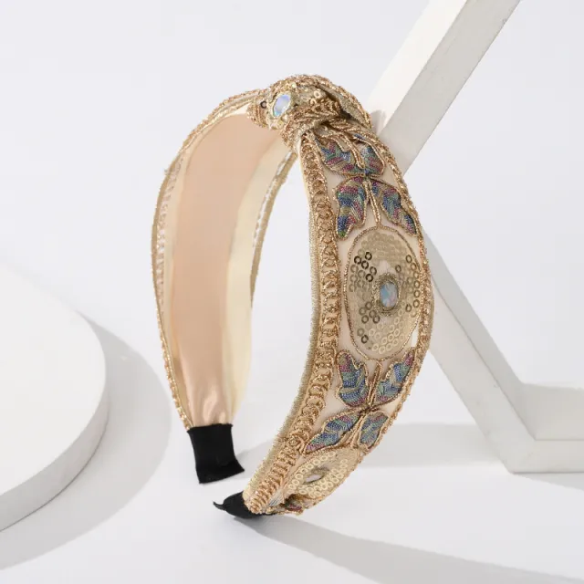 Vintage Butterfly Sequins Hair Band Wide Edge Wild Flowers Middle Knot Hair Hoop - Shop at LoveMi