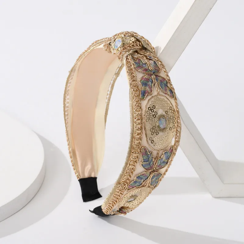 Vintage Butterfly Sequins Hair Band Wide Edge Wild Flowers - Middle Knot Hair Hoop