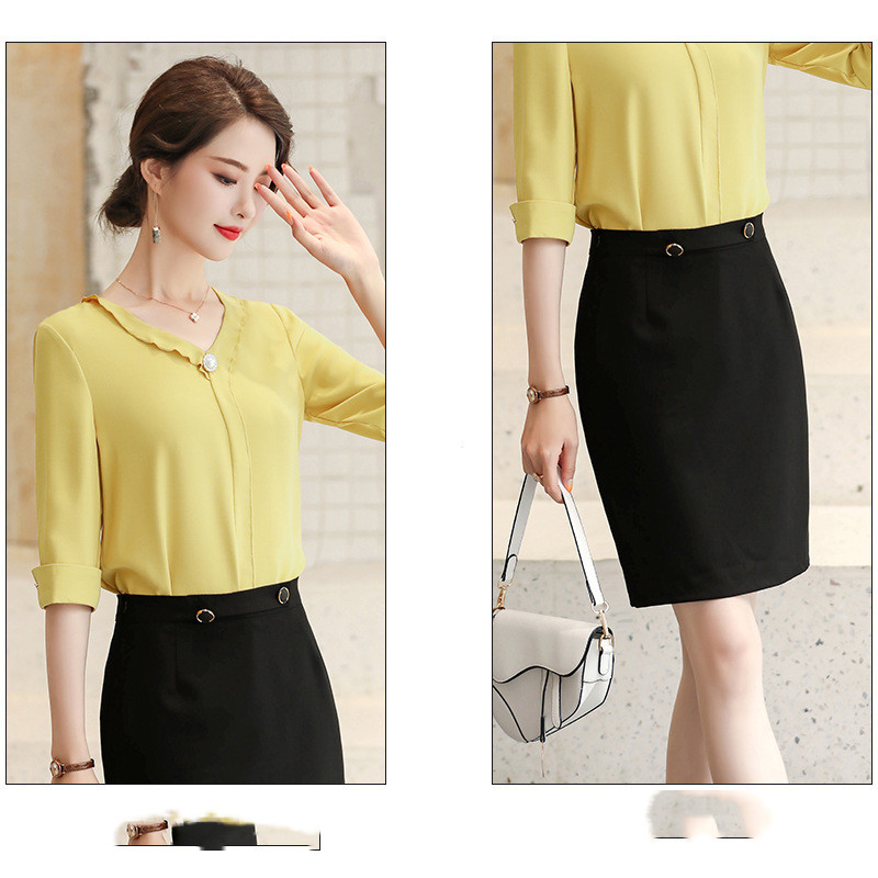 Yellow shirt and black skirt