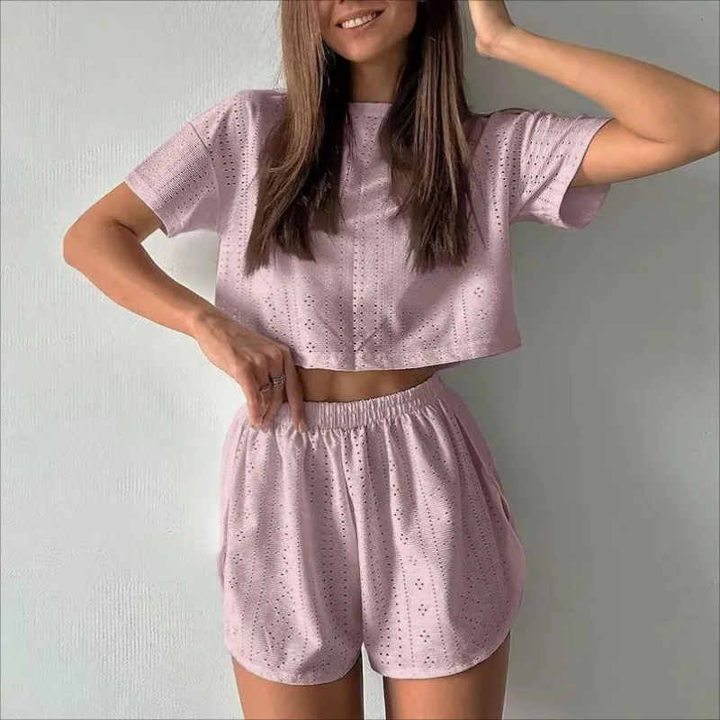 Casual Hollow Suit With Short-sleeved Crop Top And Elastic Slit Shorts Summer Fashion Sport Clothing For Women - Pink