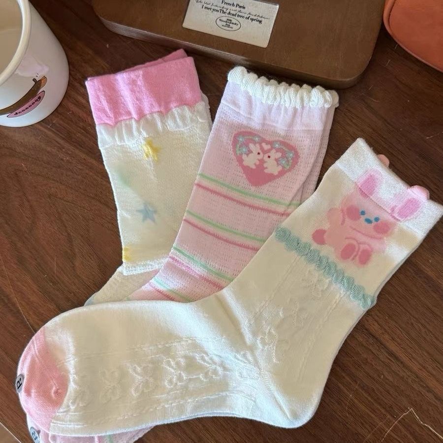 Coquette Cute Animal & Star Print Crew Socks, Ruffle Trim Pastel Knit Socks, Women's Sweet Casual Socks For Crocs & Summer