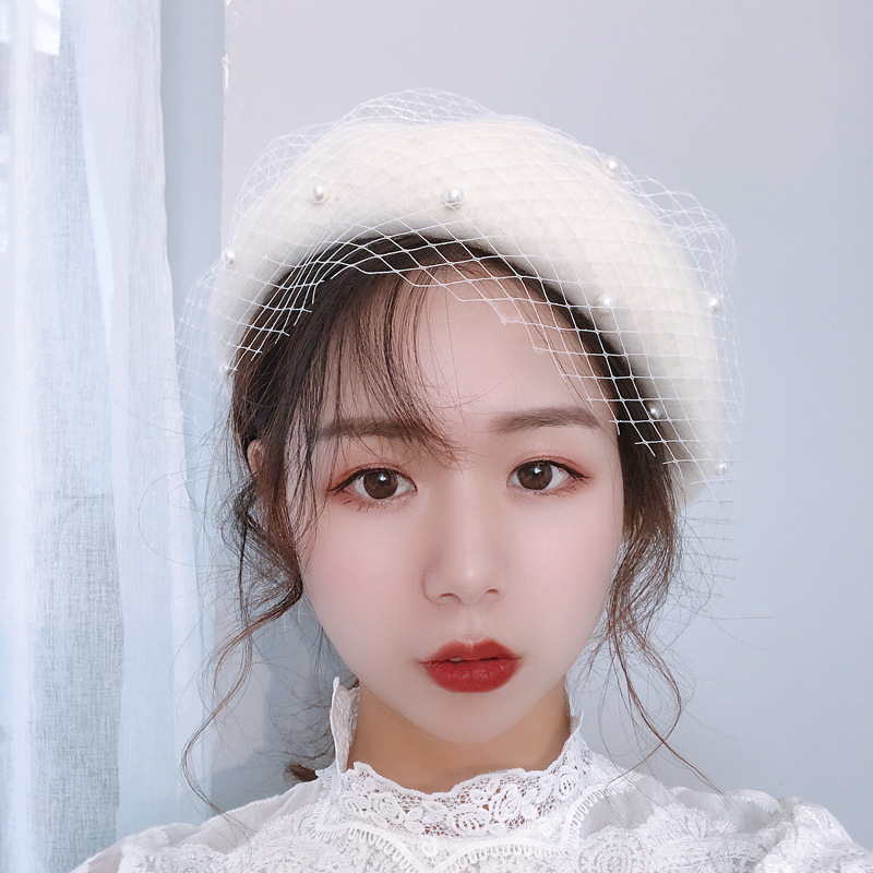 Woolen Pearl Mesh Beret Women's British Retro Hat