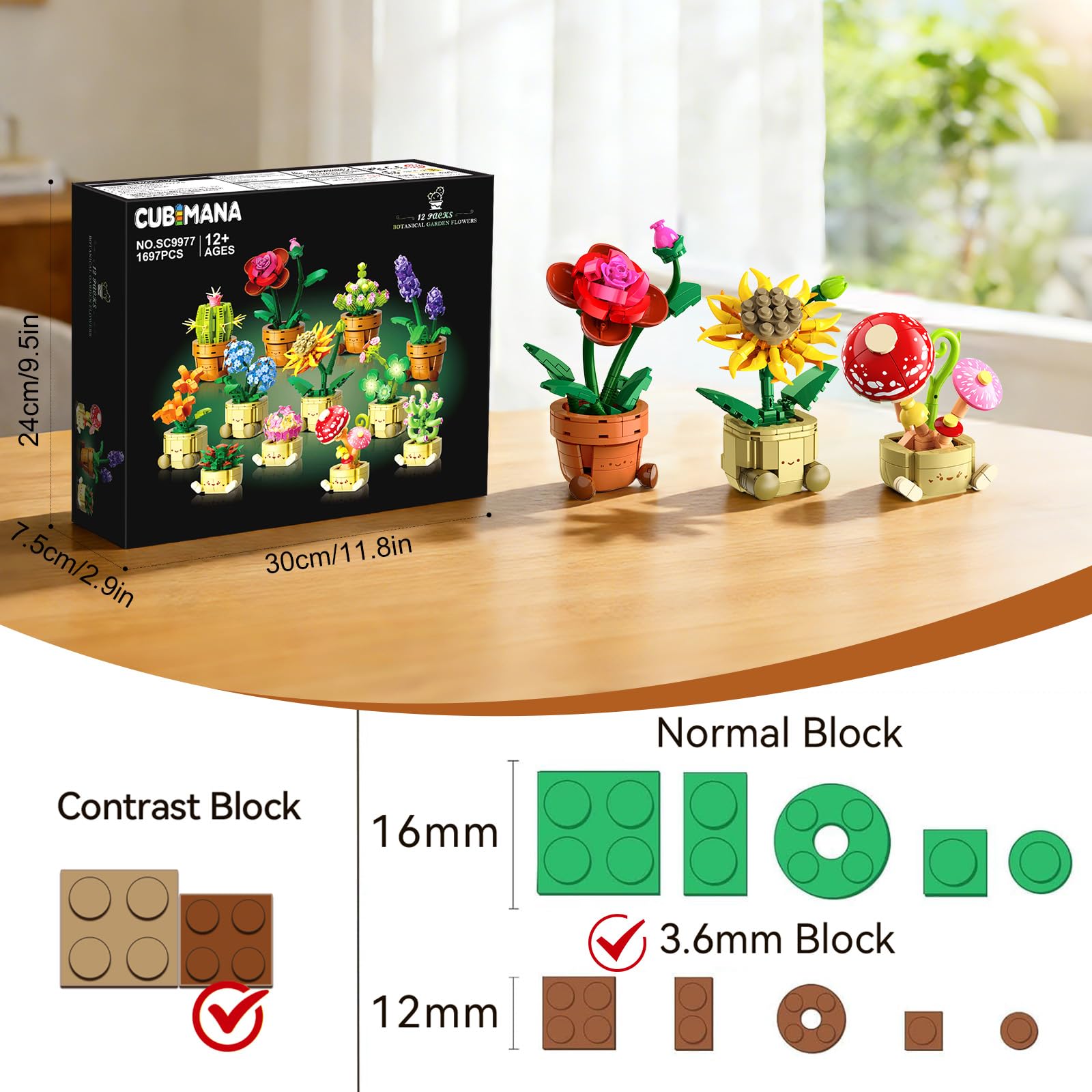 12 Pack Flowers Plants Mini Building Set - 1697PCS Flower Botanical 3.6MM Succulent Building Toy For Home Office Decor, Easter Birthday Party Favors Gift For Adults Girls Boys
