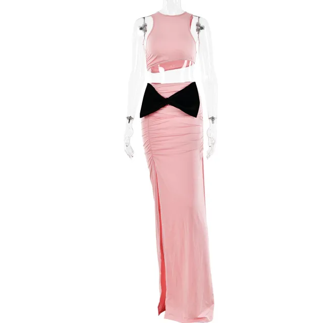Cropped Tank Top Sexy Temperament High Waist Stitching Bow Set Tan - Shop at LoveMi
