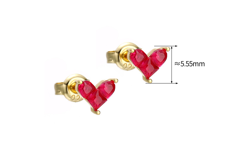 Women's Sterling Silver Gold Plated Red Corundum Stitching Heart Stud Earrings