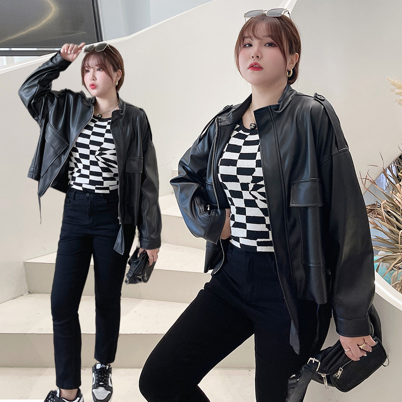 Plus-size Women's Pu Jacket With Standing Collar And Drawstring