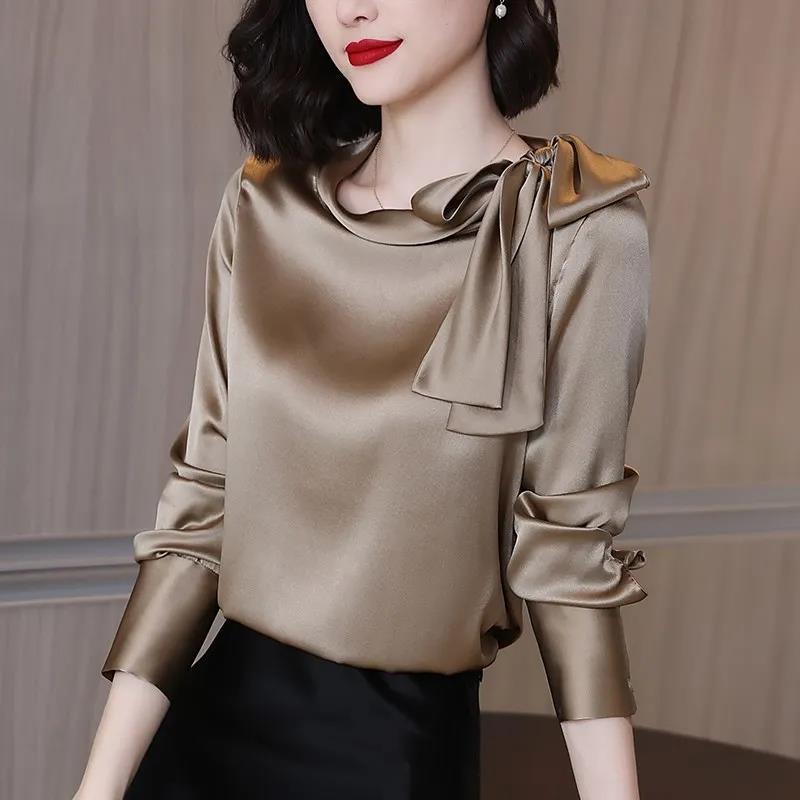 Title 4, Solid Color Bow Chic Top Ladies Shirt Long Sleeve