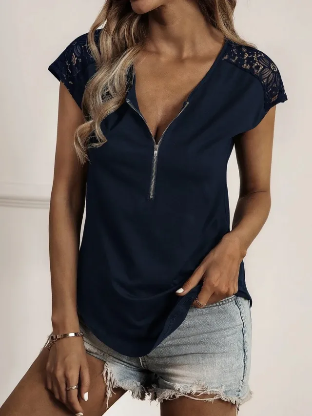 New Solid Color Round Collar Half Zipper Stitching Navy Blue - Shop at LoveMi