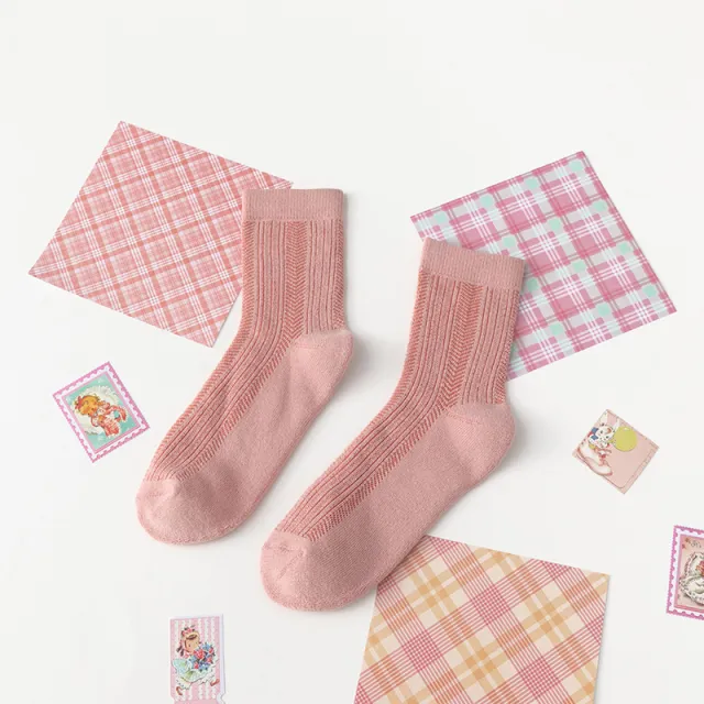 Sweet Lady Towel Bottom Mid calf Socks Pink Vertical Floral Print - Shop at LoveMi
