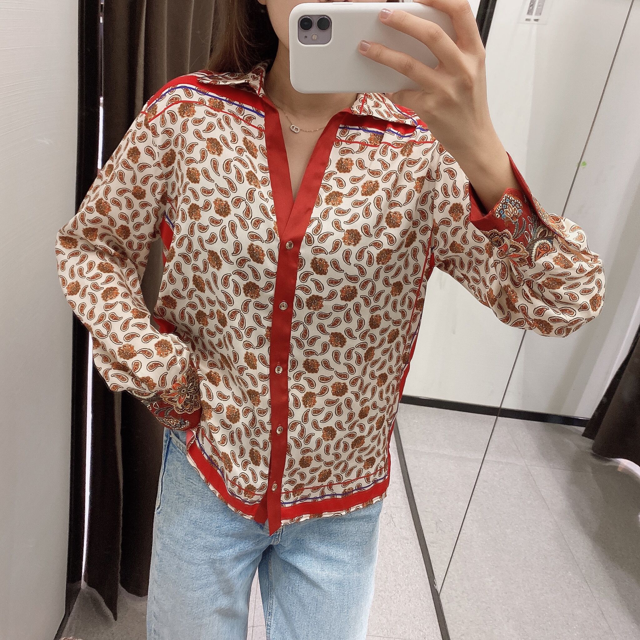 Single-breasted Silk Long-sleeve Loose-fitting Shirt With Printed Lapels