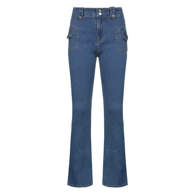 Low Rise Button Pocket Panel Trousers Jeans Blue - Shop at LoveMi