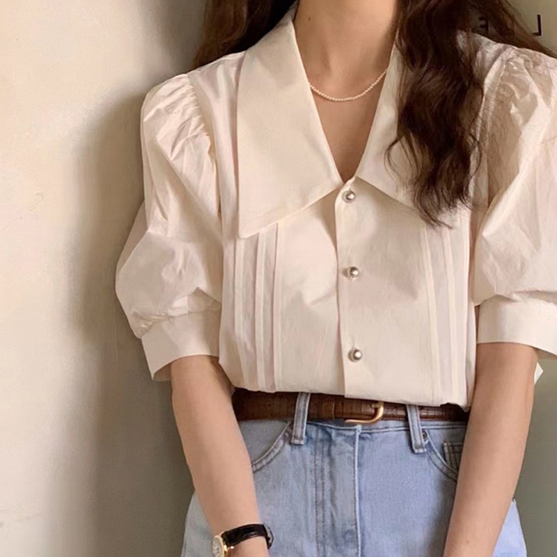 Cute And Gentle Doll Pointy V-neck Puff Short-sleeved Shirt