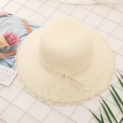 Summer Women's Foldable Lace Butterfly Rope Shade Straw Hat - Off White - View 1