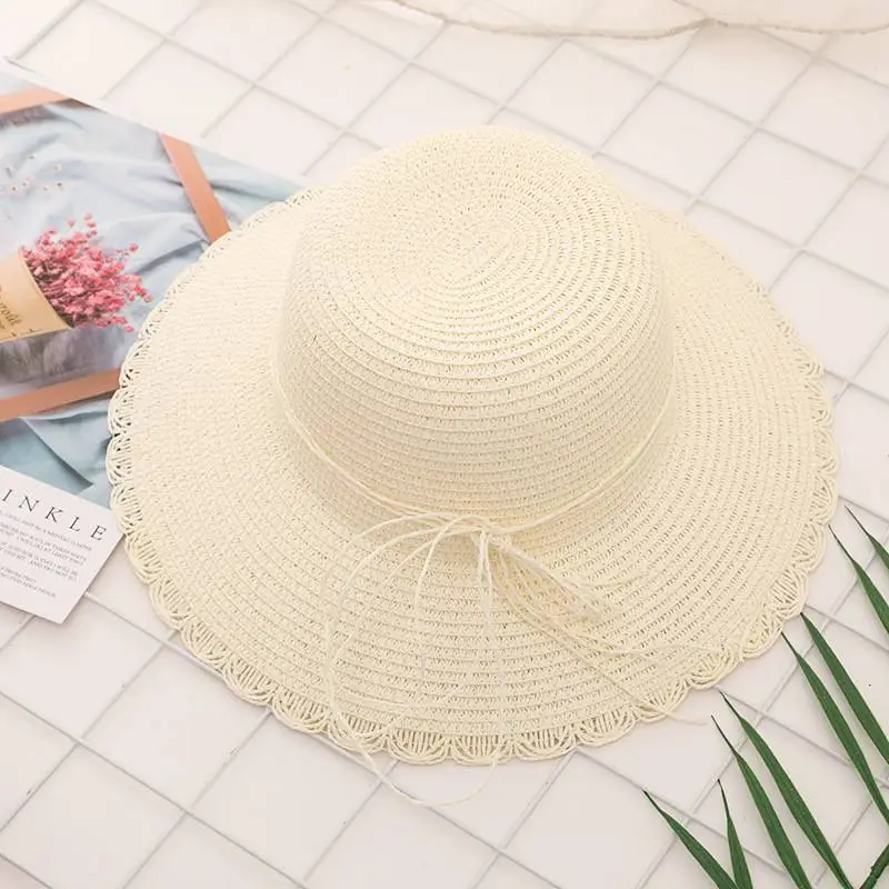 Summer Women's Foldable Lace Butterfly Rope Shade Straw Hat - Off White