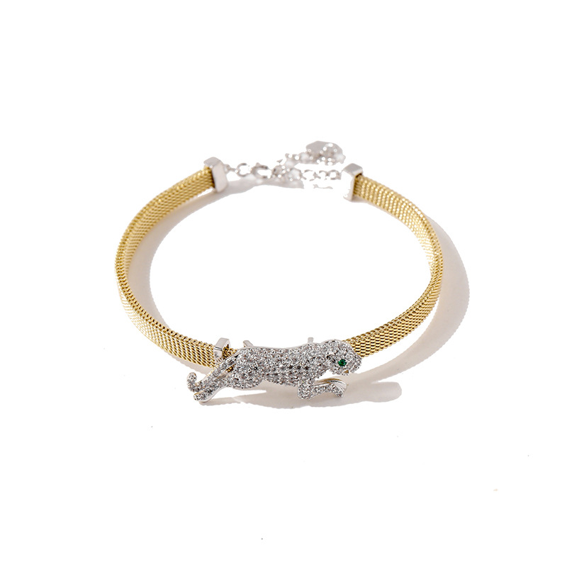 Women's Full Diamond Green Eye Stone Leopard Chain Mesh Bracelet
