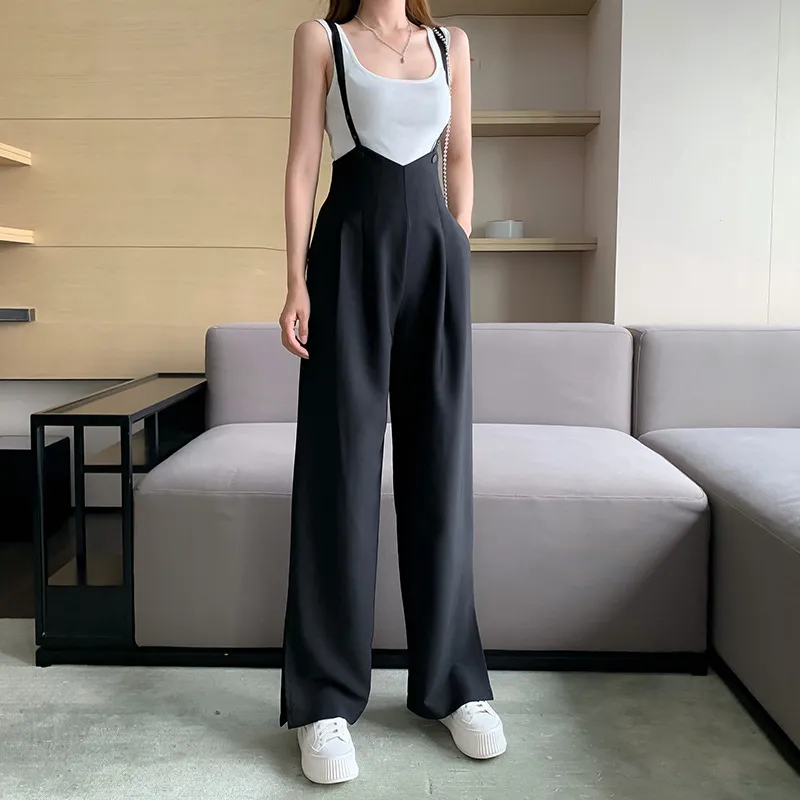 Korean Style Loose Drape Split Trousers Casual Suspenders - Black