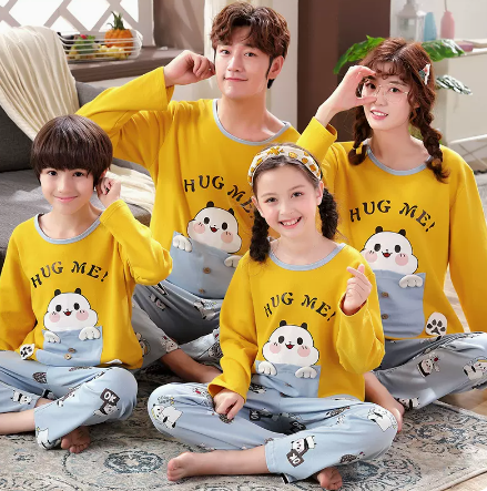 A Family Of Three Or Four Long Sleeved Cotton Pajamas Set Yellow Style2 - Shop at LoveMi