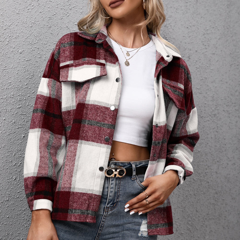 Thick Cashmere Long sleeved Plaid Top Wine - Shop at LoveMi