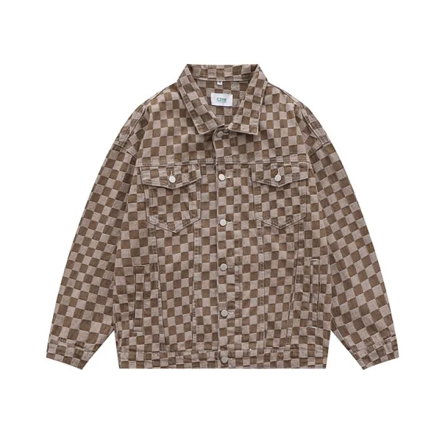 Men's And Women's Matching Checked Jean Jacket Coffee - Shop at LoveMi