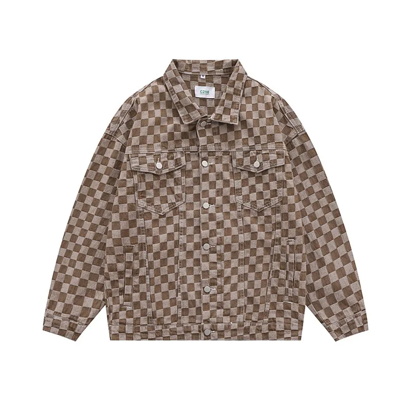 Men's And Women's Matching Checked Jean Jacket - Coffee