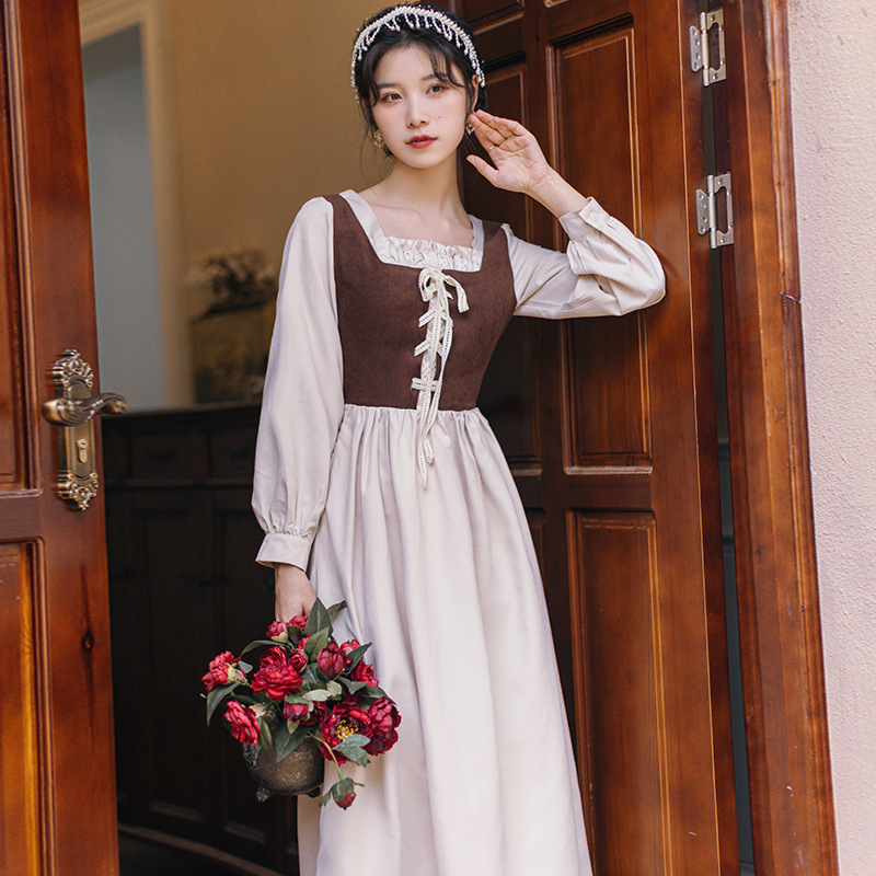 Vintage French Court Style Vest Fake Two Piece Long-sleeved  Fairy Waist Platycodon Tea Break Dress