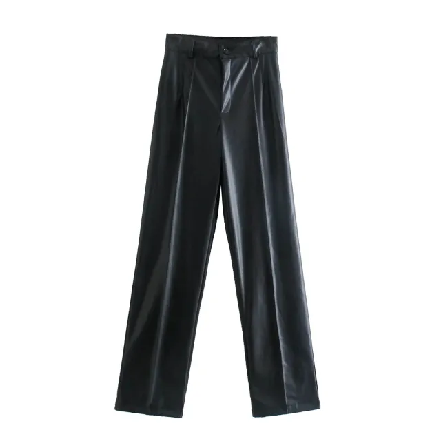 Wide Tube Women's Slim PU Leather Straight Trousers Black - Shop at LoveMi