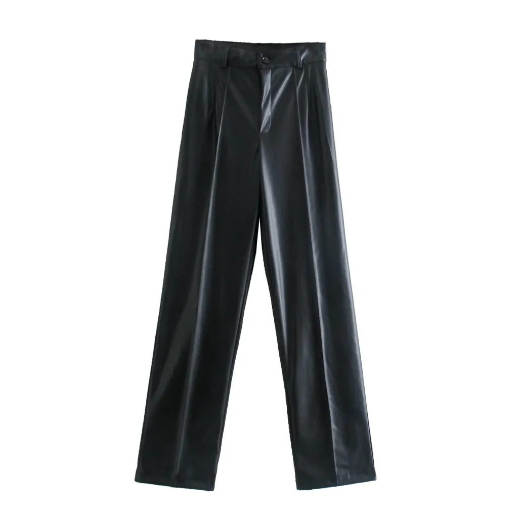 Wide Tube Women's Slim PU Leather Straight Trousers - Black