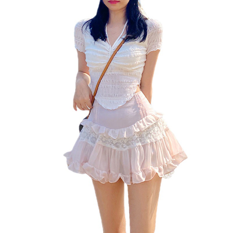 Japanese Women's High Waist Ruffled Chiffon Lace Skirt