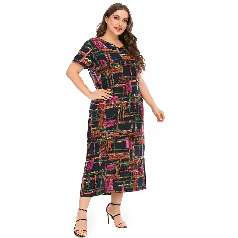 Casual Printed Slit V-Neck Short Sleeve Dress