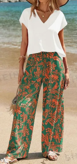 Women's Solid V Neck Short Sleeve Top And Botanical Print Pants Green - Shop at LoveMi