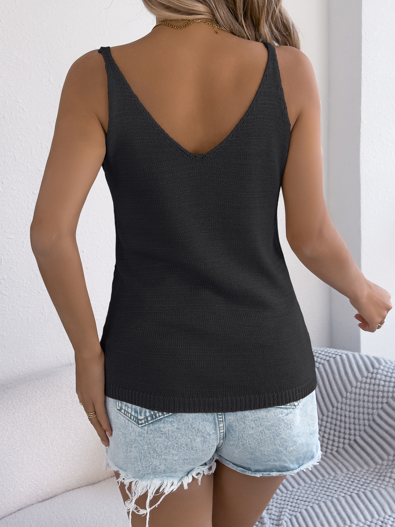 Women S Solid Color Hollow Out Button Knit Vest Vacation Top
