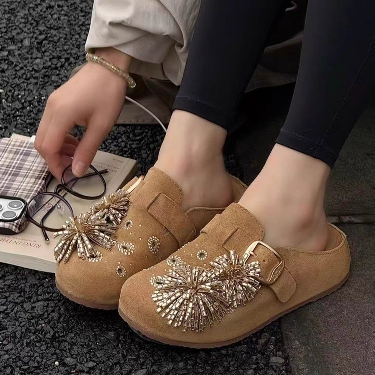 Women Thick Sole Rhinestone Floral Birken Style Mules, 2026 Spring New Slip-on Closed Toe Slides For Outdoor Wear product image