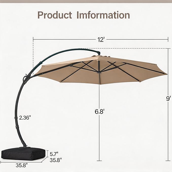 Cantilever Patio Umbrella 12ft Offset Cantilever Patio Umbrella With Base Included Large Round Aluminum Outdoor Umbrella 360 Rotation Infinite Tilt, Heavy Duty Frame For Deck Pool