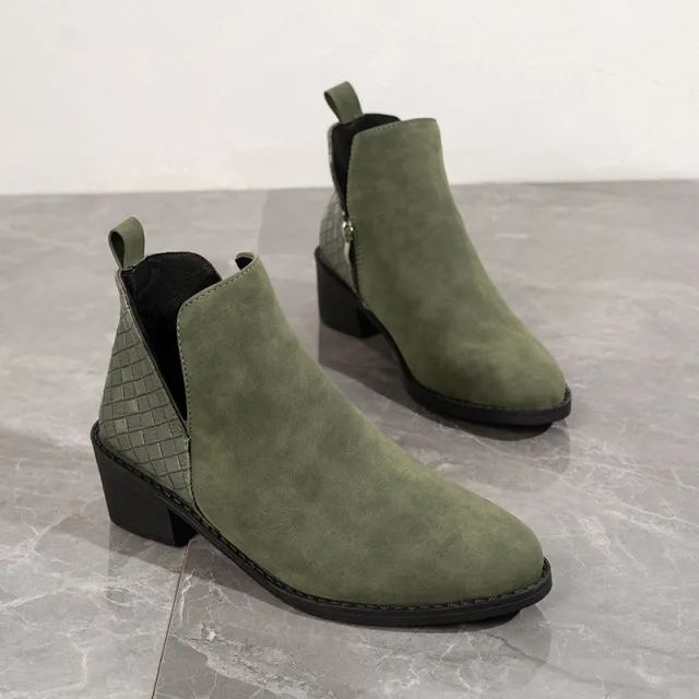 Fashion V cut Side Zipper Boots Printed Square Heel Ankle Boots Pionted Toe Autumn Winter Shoes For Women Green - Shop at LoveMi
