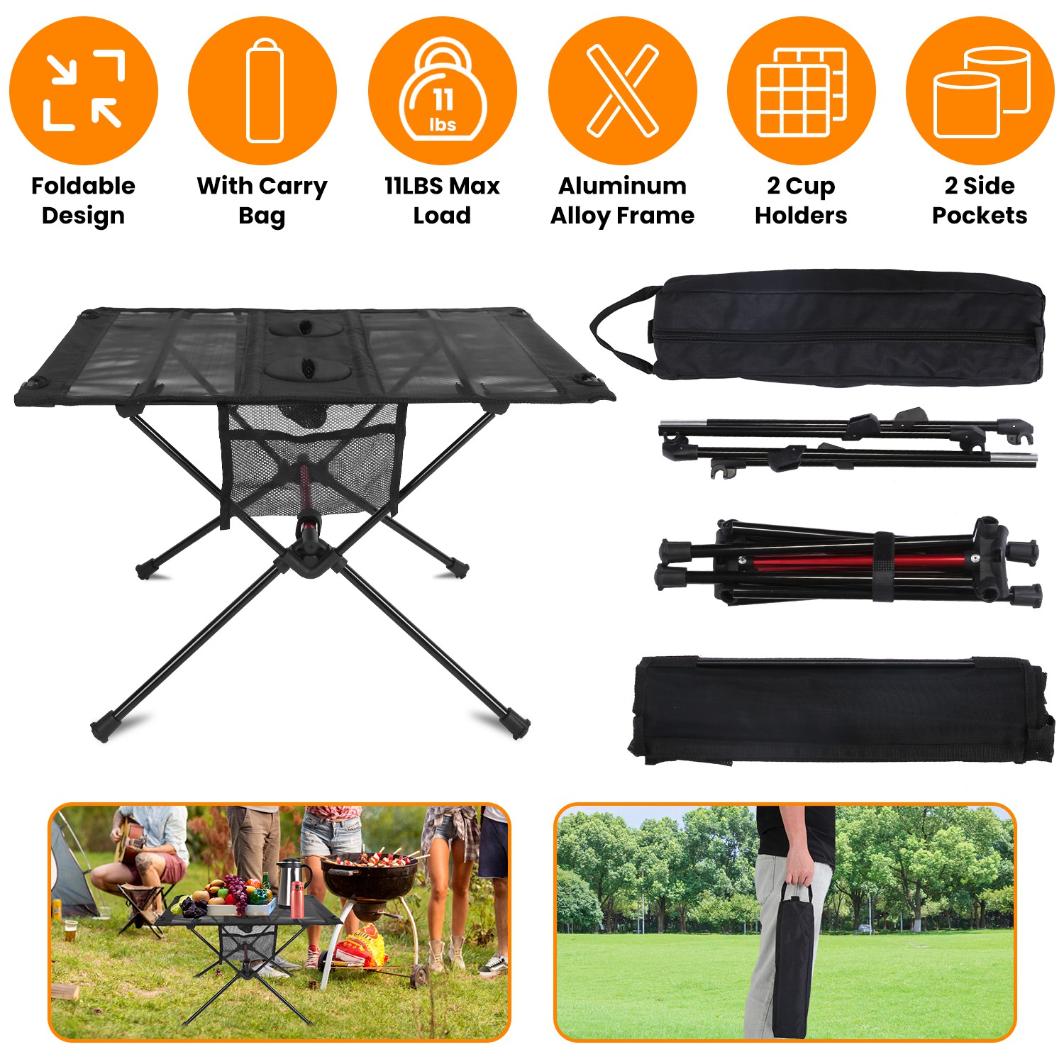 Portable Folding Camping Table with Cup Holders & Side Pockets – Aluminum Alloy