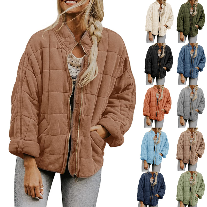 Winter Zip-up Stand Collar Coat With Pockets Fashion Solid