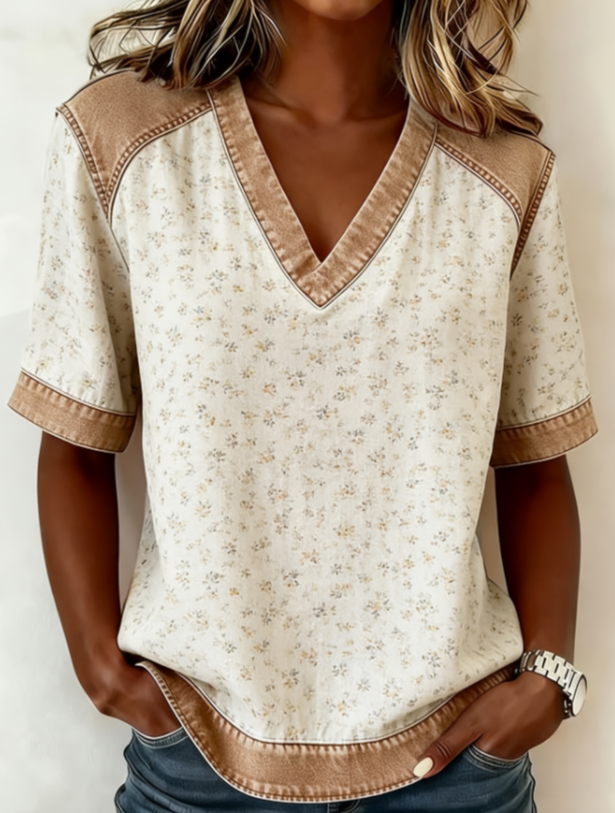 Color-blocked V-neck Raglan Sleeve T-shirt For Women, Loose Fit, Casual And Versatile Short Sleeve.