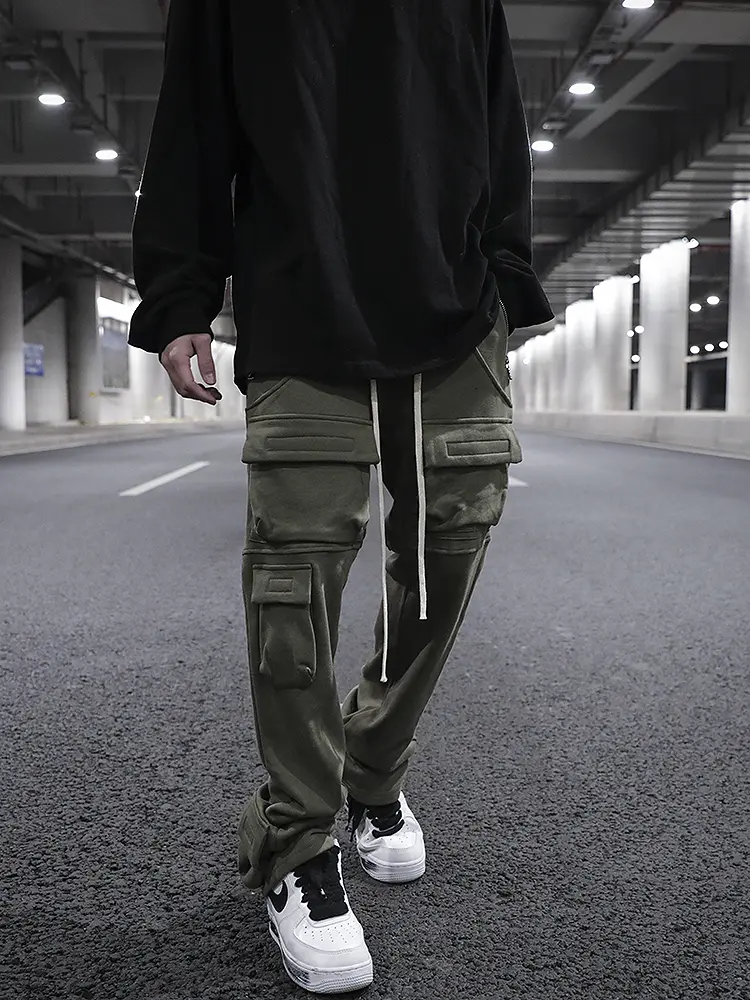 Multi-pocket Straight Split Drawstring Sweatpants