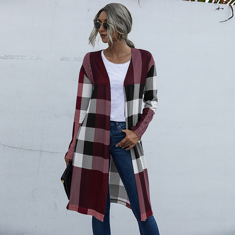 Autumn Plaid Fashion Unbuttoned Straight Cardigan Jacket Women Wine - Shop at LoveMi