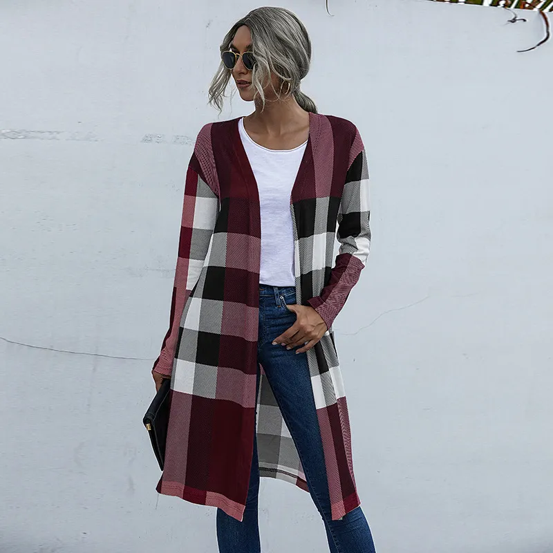 Autumn Plaid Fashion Unbuttoned Straight Cardigan Jacket Women - Red