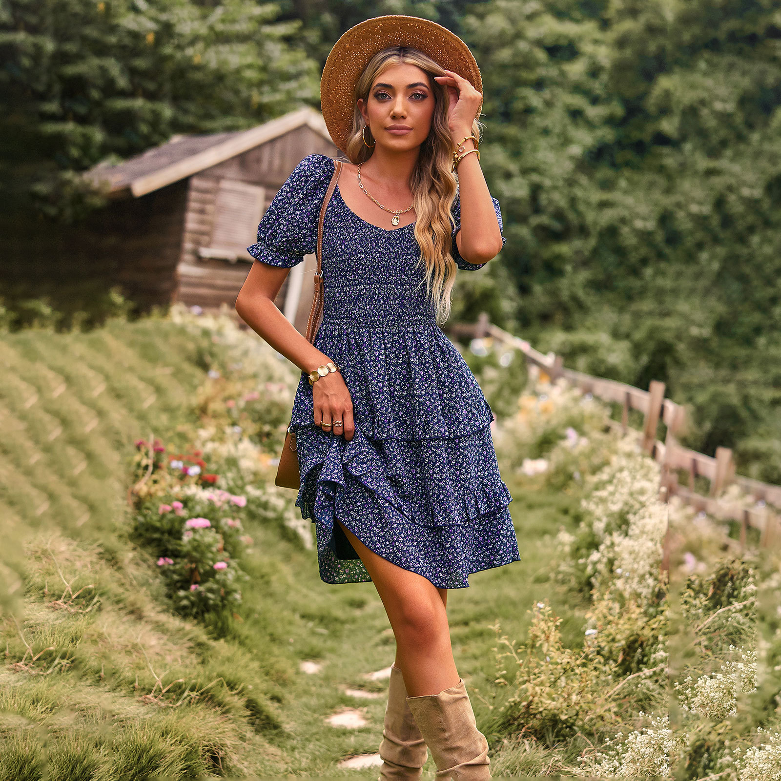 Romantic Dress Floral Short Sleeve Skirt