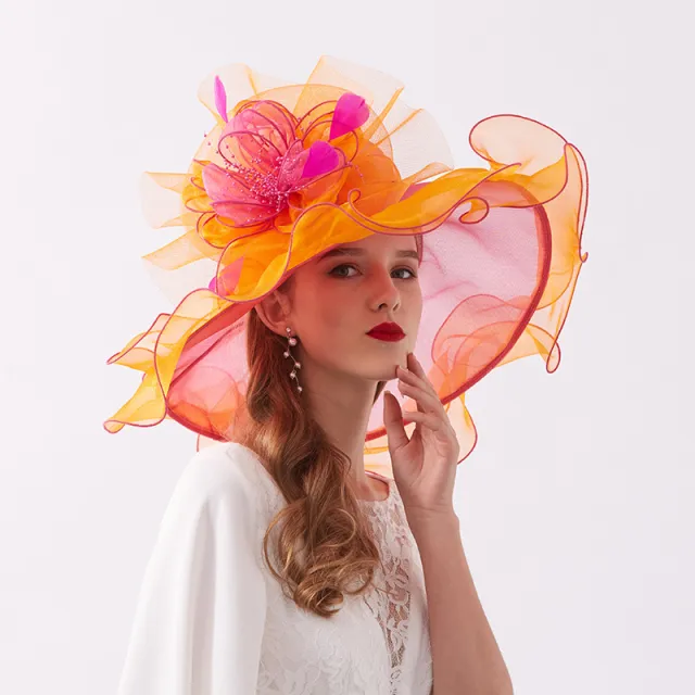 Detachable Head Floral Organza Rolled Edge Embroidered Brimmed Hat Vintage Orange - Shop at LoveMi