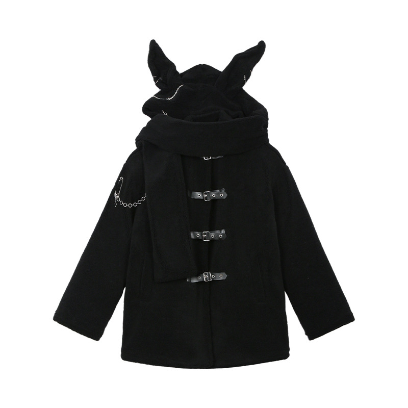 Women Medium Long Rabbit Ears Plush Coat